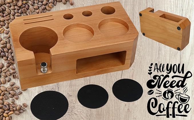 Espresso Tamping Station With Tools - 58mm - Includes Coffee Tamper, Distributor, Dosing Funnel & Brush - Wooden Coffee Tamper Station - Espresso Organizer & Portafilter Holder