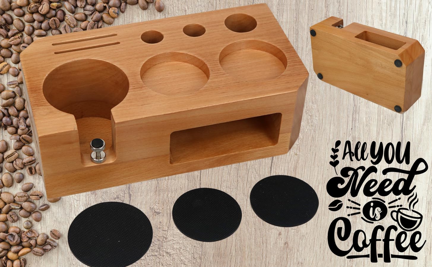 Espresso Tamping Station With Tools - 58mm - Includes Tamper, Distributor, Dosing Funnel & Brush - Wooden Coffee Tamper Station - Espresso Organizer & Portafilter Holder, Best Gift for Coffee Lovers