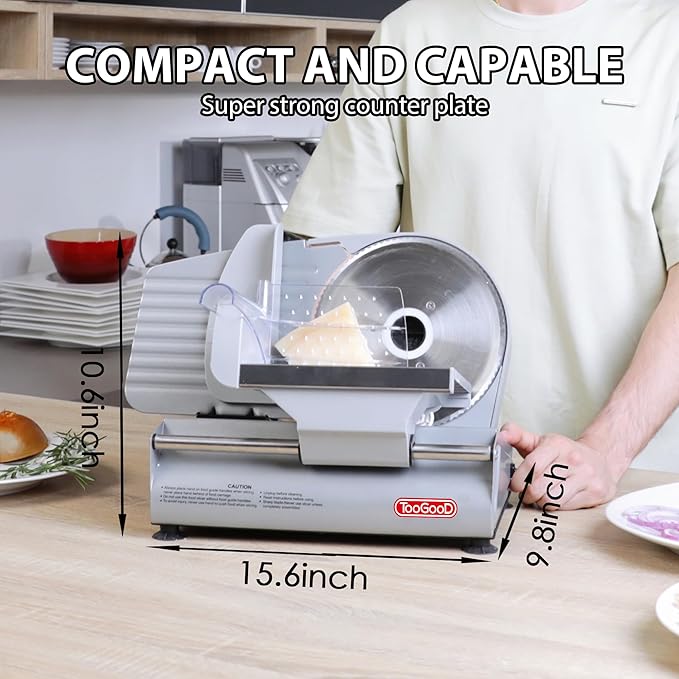 TOOGOOD 7.5" Electric Meat Slicer, Food Slicer Machine with Stainless Steel Blade, Adjustable Thickness for Home Use, Easy to Clean, Cuts Meat, Ham,Hard Cheese and Deli (Sliver)