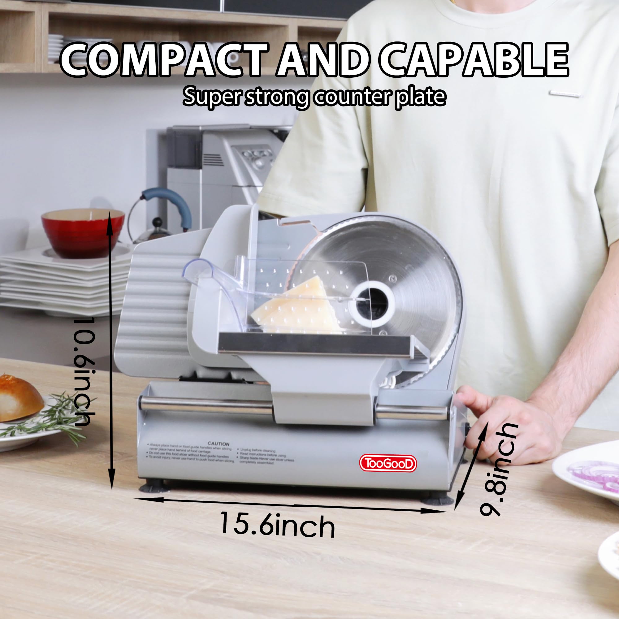 TOOGOOD 7.5" Electric Meat Slicer, Food Slicer Machine with Stainless Steel Blade, Adjustable Thickness for Home Use, Easy to Clean, Cuts Meat, Ham,Hard Cheese and Deli (Sliver)