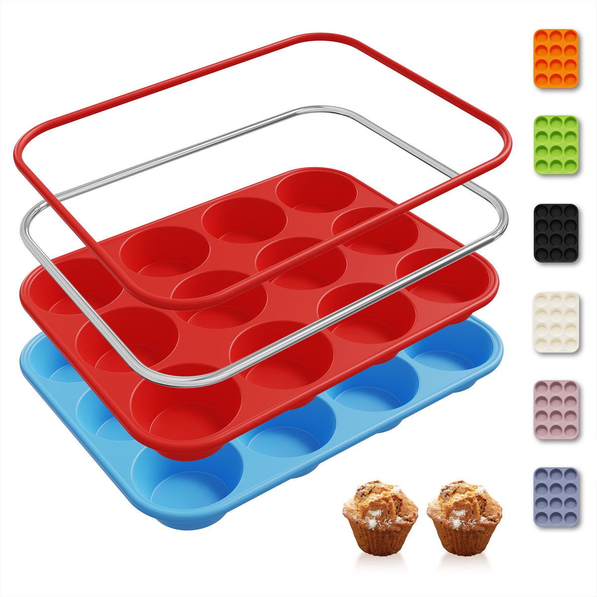 2 Pack 12 Cups Silicone Muffin Pan with Metal Reinforced Frame Regular Size Silicone Molds Cupcake Cake Baking Pans Cookie Baking Chocoflan Cupcake Mold Kitchen Baking Mold Tools for Cooking
