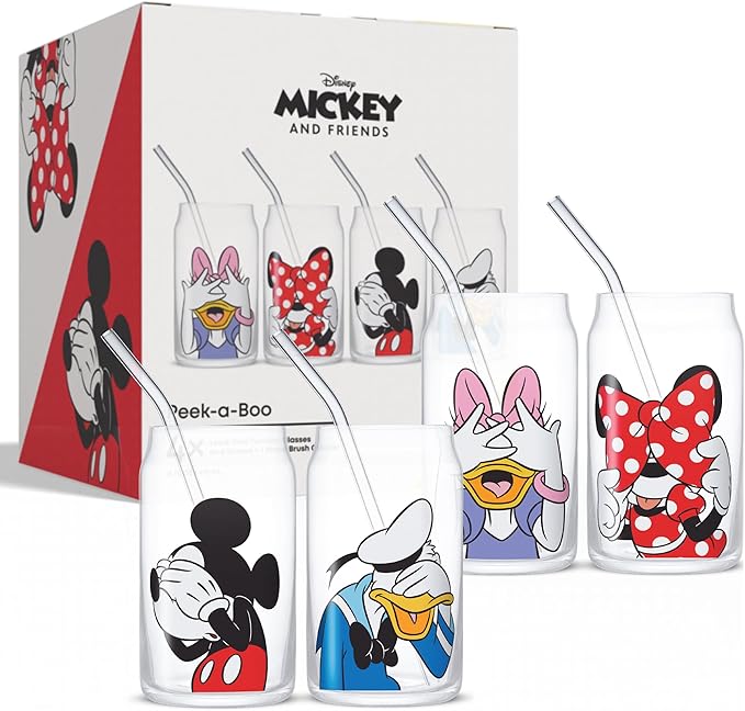 JoyJolt Disney Mickey Mouse & Friends Peek-a-Boo Collection Tumblers, 16oz Can Shape Tumbler Drinking Glass Cups Set, Glass Tumbler Set of 4 w/Glass Straws, Disney Gifts, Mickey Mouse Glasses
