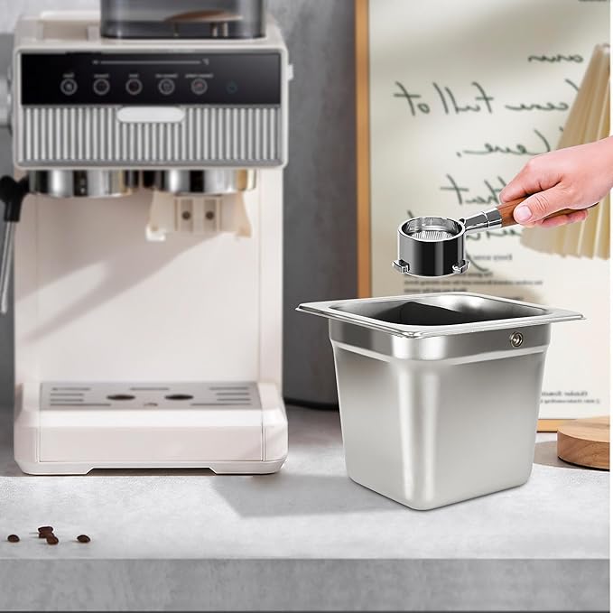 TECHSHARE Stainless Steel Coffee Knock Box, Square Espresso Knock Box, Large Capacity Coffee Accessories, Easy to Clean Espresso Accessories for Home, Kitchen, Cafe, and More