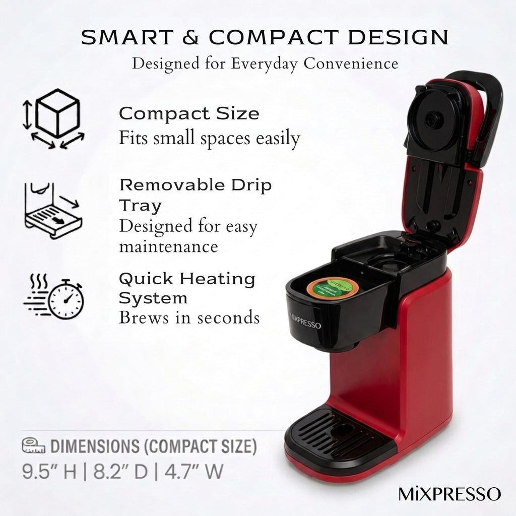 Mixpresso Red Single Serve Coffee Maker for K Capsule, Compact Mini Coffee Maker 800 Watt Coffee Machine for Pods or Ground, Fast Brew, Auto Shut Off, 12 Oz Brew Size for Travel, Office, RV and Dorm