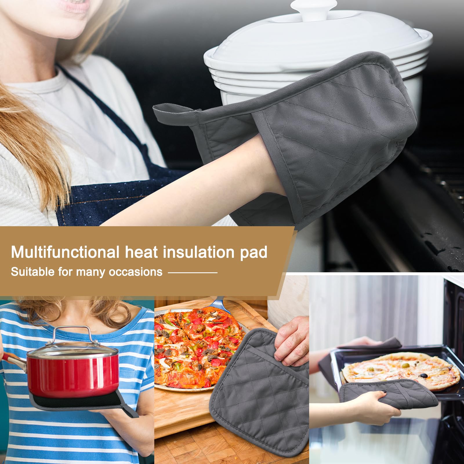 YEKOO 2Pcs Cotton and Neoprene Oven Pads Pot Holders with Pocket 8"x8.5" Dual-Function Hot Pad Set for Finger Hand Wrist Protection Heat Resistant to 428°F,Gray