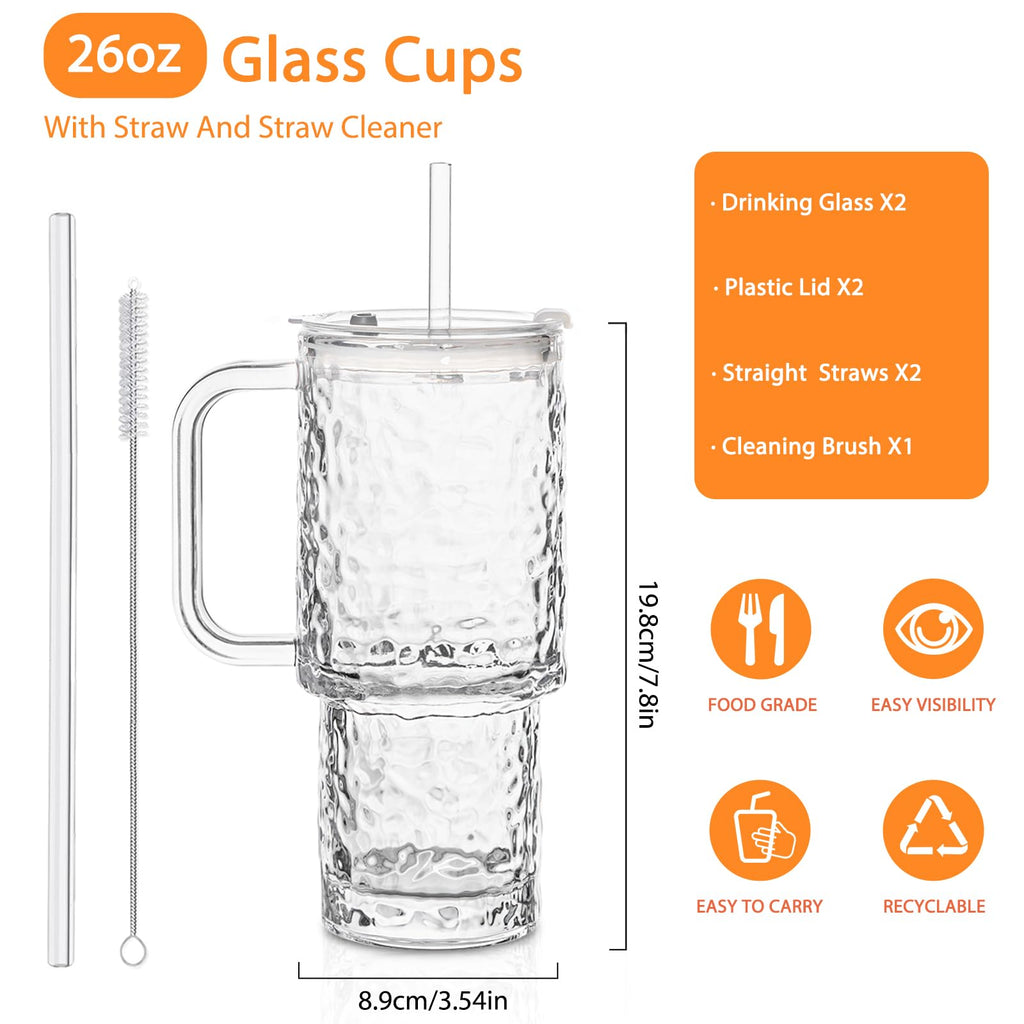 SoulTimes 26oz Water Ripple Glass Tumbler with Handle & Lid, Reusable Iced Coffee Cups with Straws – Set of 2, Glass Cups for Smoothies, Juice, Coffee, Tea – Travel Mugs for Daily Use