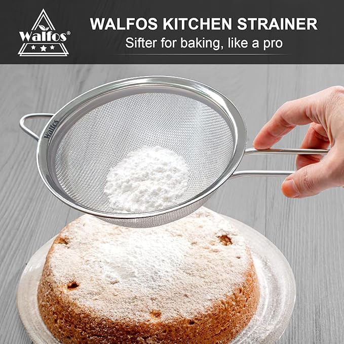 Walfos Extra Fine Mesh Strainer Set of 4-9.5", 7", 4.7", 2.8", Stainless Steel 30 Mesh Sieve with Sturdy Handle, Kitchen Food Strainers Sifters for Quinoa, Pasta, Fruits, Vegetables, Rice, Tea