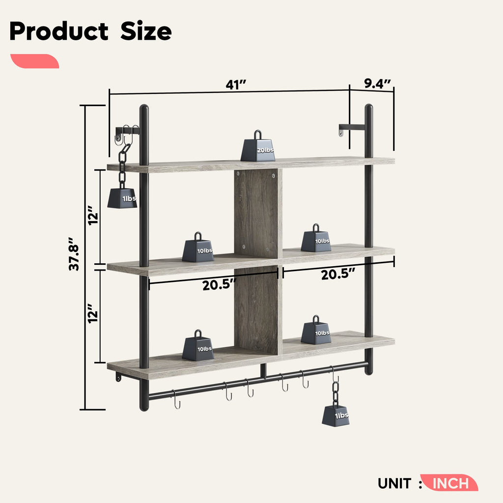 Bestier 41" Floating Kitchen Shelves Wall Mounted 3 Tier Coffee Bar Mug Shelf Hanging with 8 Hooks Display Plant Pipe Shelving for Living Room Kitchen Bathroom Balcony, Retro Grey