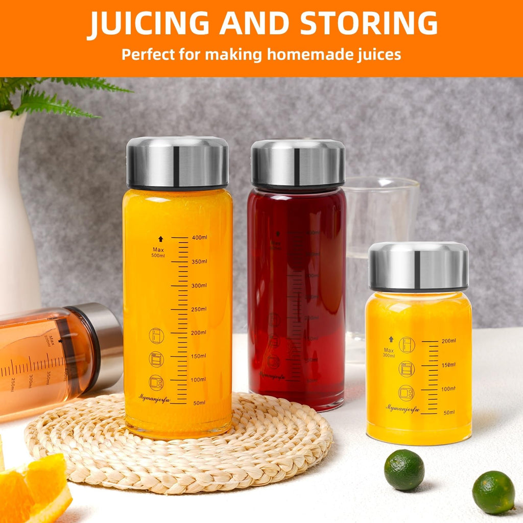 Glass Juice Bottles 6 Pack 20 oz - Wide Mouth Glass Water Bottles with Lids - for Juicing, Smoothies, Milk, Protein, BPA Free, Reusable, Stainless Steel Lids, Leak Proof, Shaker bottle (600 ml)