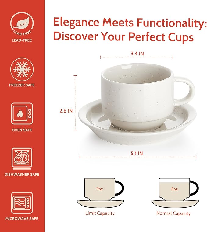 Sweese Porcelain Cappuccino Cups Set - 8 oz Stackable Coffee Mugs with Saucers, Metal Stand, Dove Grey, Set of 4