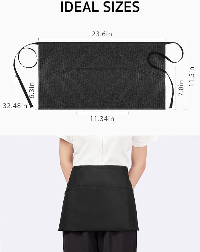 Syntus 3 Pack Server Aprons with 3 Pockets, 100% Cotton Waitress Waiter Waist Apron, 11.5-inch Black