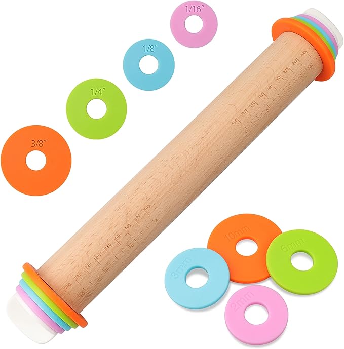 Adjustable Rolling Pin with Thickness Rings - 14 INCH Wood Dough Roller for Perfect Baking, Fondant & Cookies Ideal Rolling Pin for Dough & Cookie Decorating Supplies