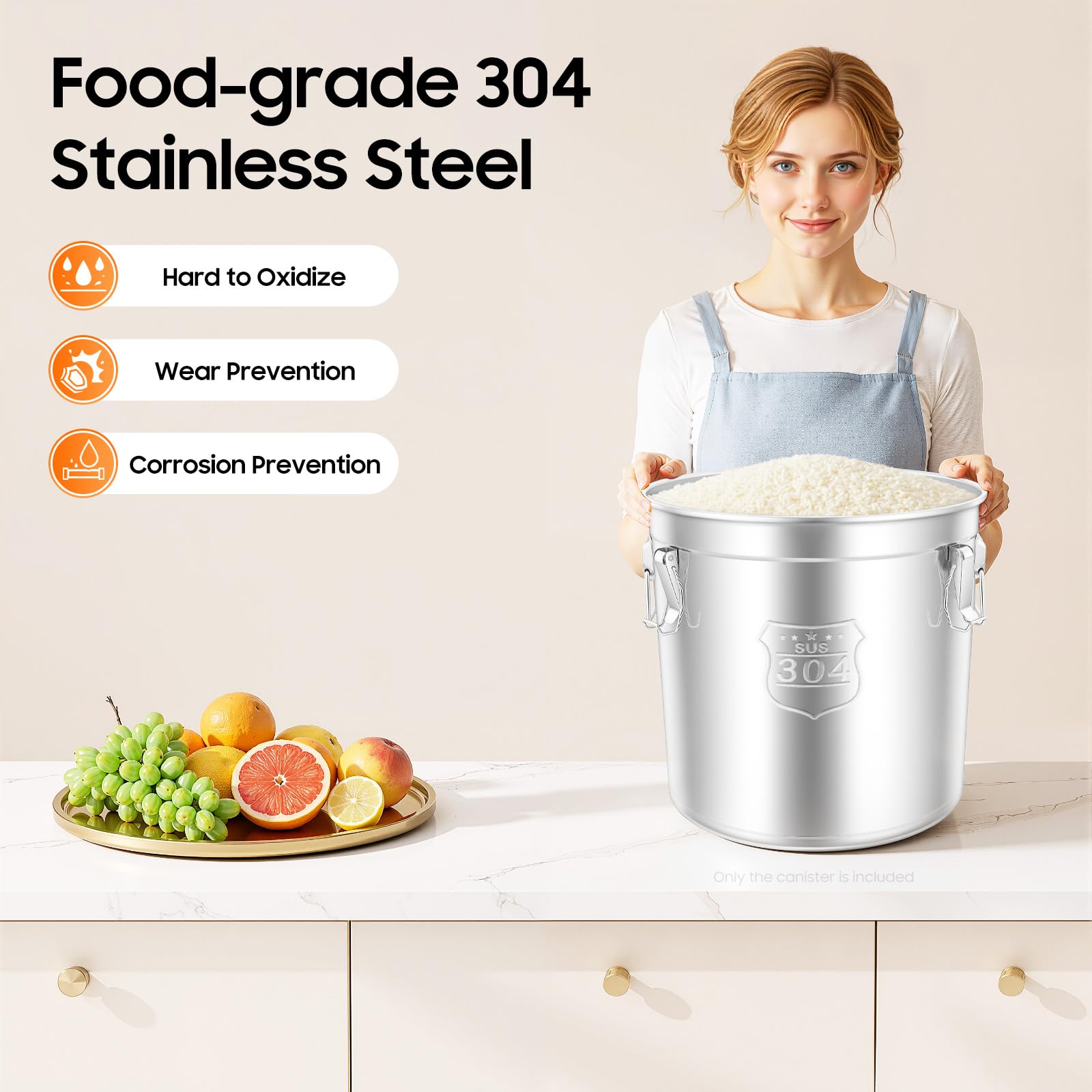 PERFERATE 304 Stainless Steel Airtight Canister 6L/12L Food Storage Bucket with Lids and Sturdy Locking Clamp Metal Cereal Rice Storage Container for Flour, Coffee Bean, Sugar, Cookie (48L)