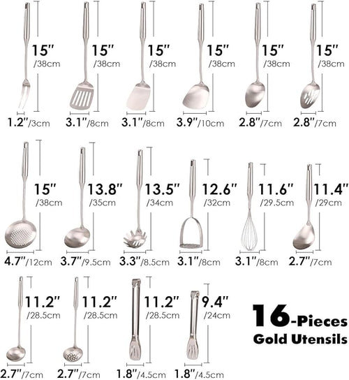 18/10 Stainless Steel Cooking Utensils Set - 16 PCS All Metal Kitchen Tools, Serving Utensils - Whisk, Masher, Fork, Tongs, Solid/Slotted Spoon, Spatula, Turner, Ladle, Skimmer, Pasta, Large Spoon Set