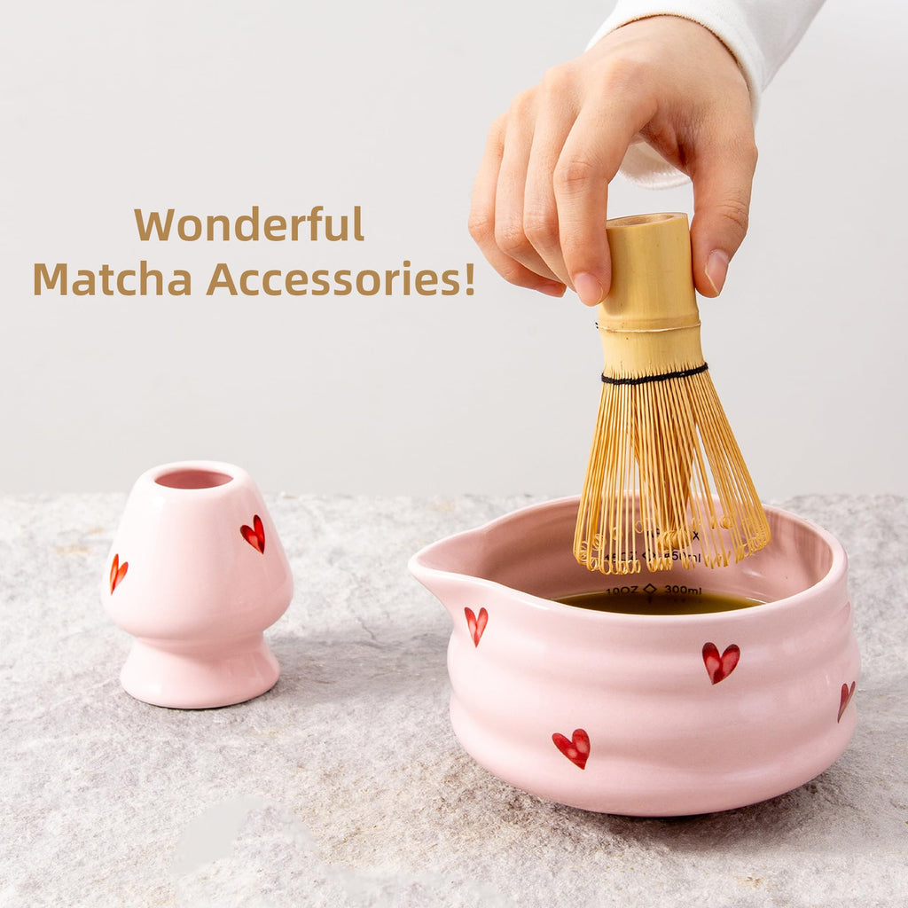 YumiPLUS 2pcs Matcha Bowl with Whisk Holder, Ceramic Pink Matcha Bowl with Spout, 16.5OZ Porcelain Bowl with Measurement Marks, Tea Mixing Bowl with Whisk Stand, Cute Valentine Gift (pink love)