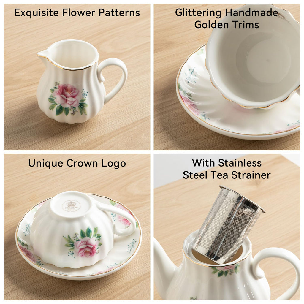 Sweejar Porcelain Tea Sets British Royal Series, 8 OZ Cups & Saucer Service for 6, with Teapot Sugar Bowl Cream Pitcher Teaspoons and Tea Strainer, Suitable for High Tea, Wedding, Party(Blush Pink)
