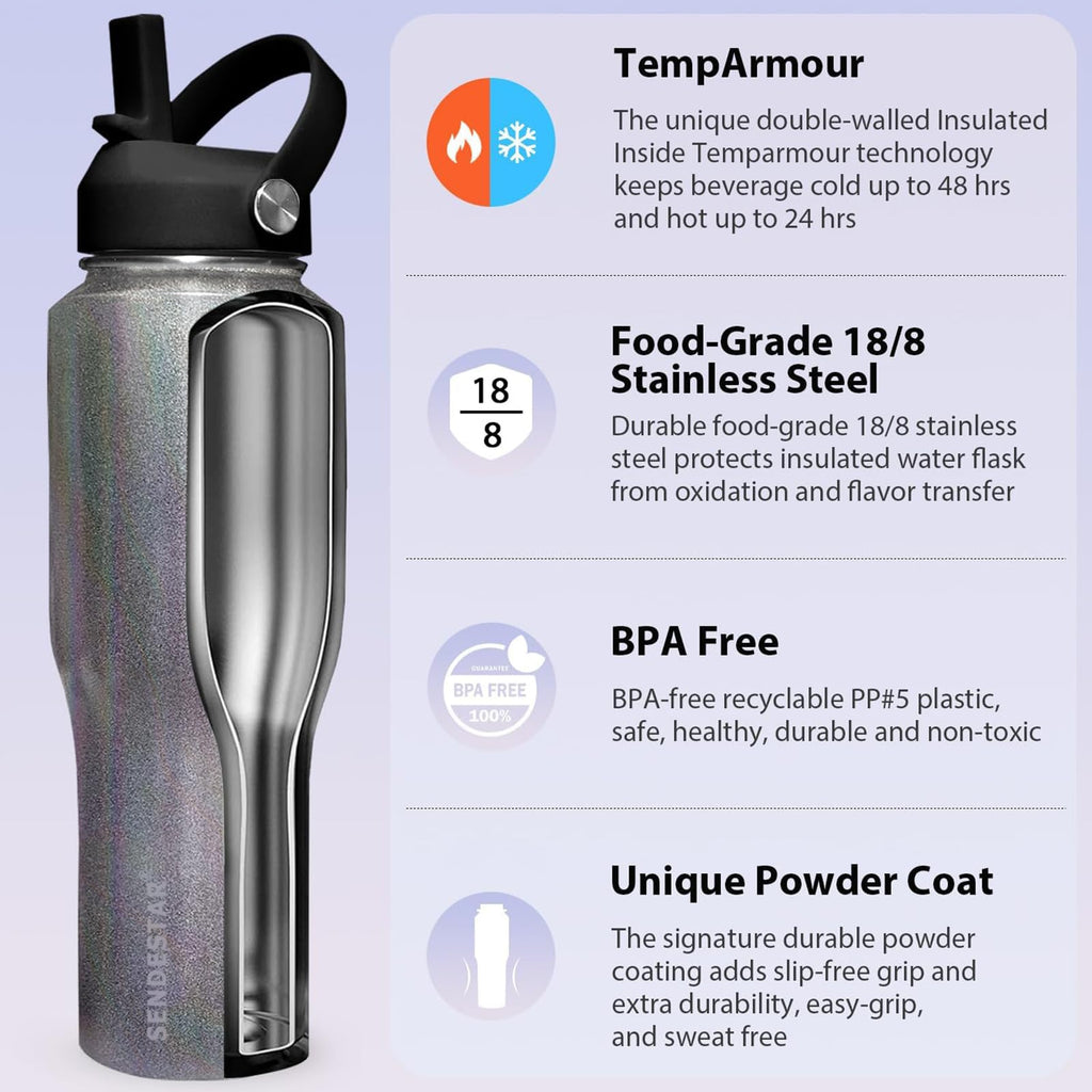 SENDESTAR Water Bottle,Wide Mouth Stainless Steel Vacuum Insulated Double Wall Keep Liquids Cold or Hot All Day,Sweat Proof Sport Design,Fit Car Cup Holder,Laser Grey,32 Ounces