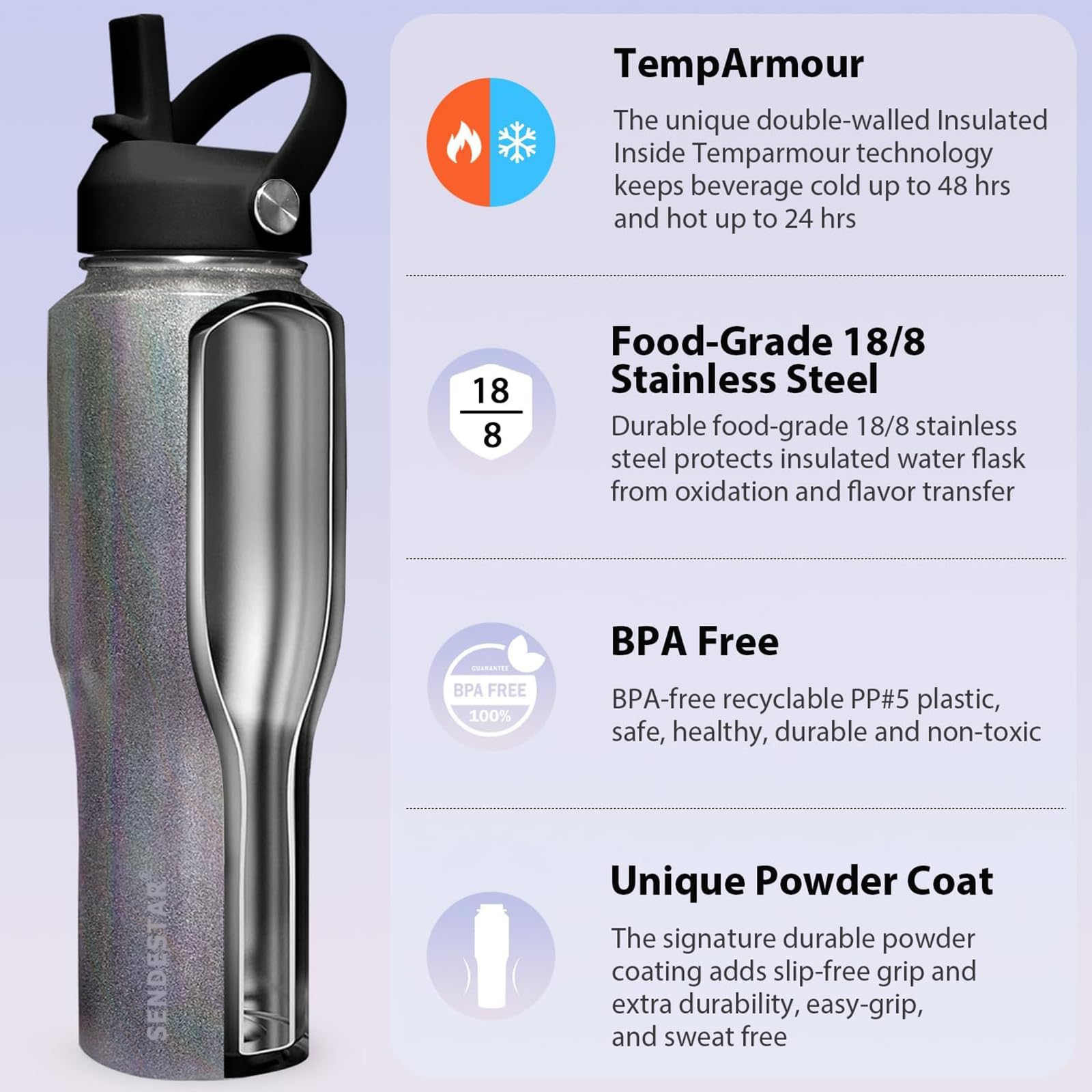 SENDESTAR Water Bottle,Wide Mouth Stainless Steel Vacuum Insulated Double Wall Keep Liquids Cold or Hot All Day,Sweat Proof Sport Design,Fit Car Cup Holder,Laser Grey,40,Ounces