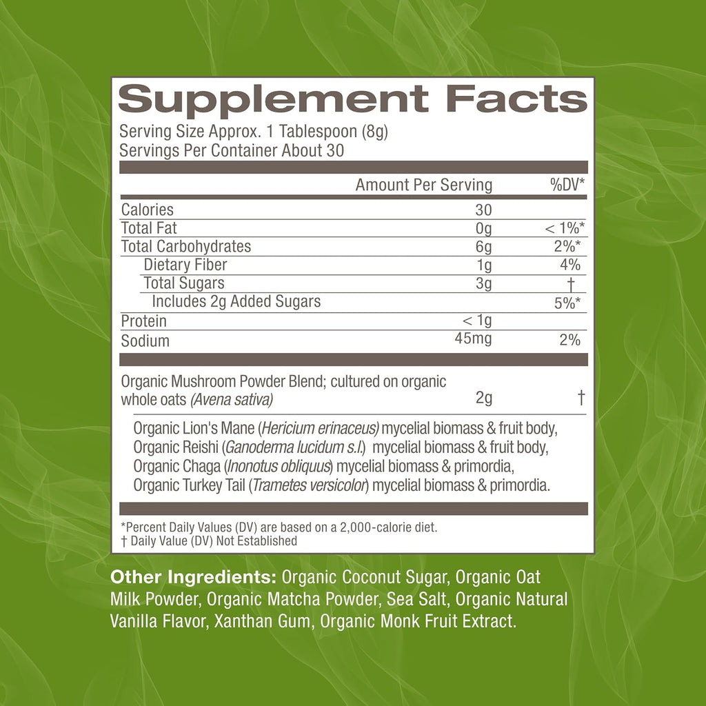 OM MUSHROOM SUPERFOOD Matcha Latte Blend – Green Tea Mushroom Powder with Lion’s Mane, Reishi, Chaga & Turkey Tail – Focus, Calm & Stress Support – 8.47 oz Canister (30 Servings)