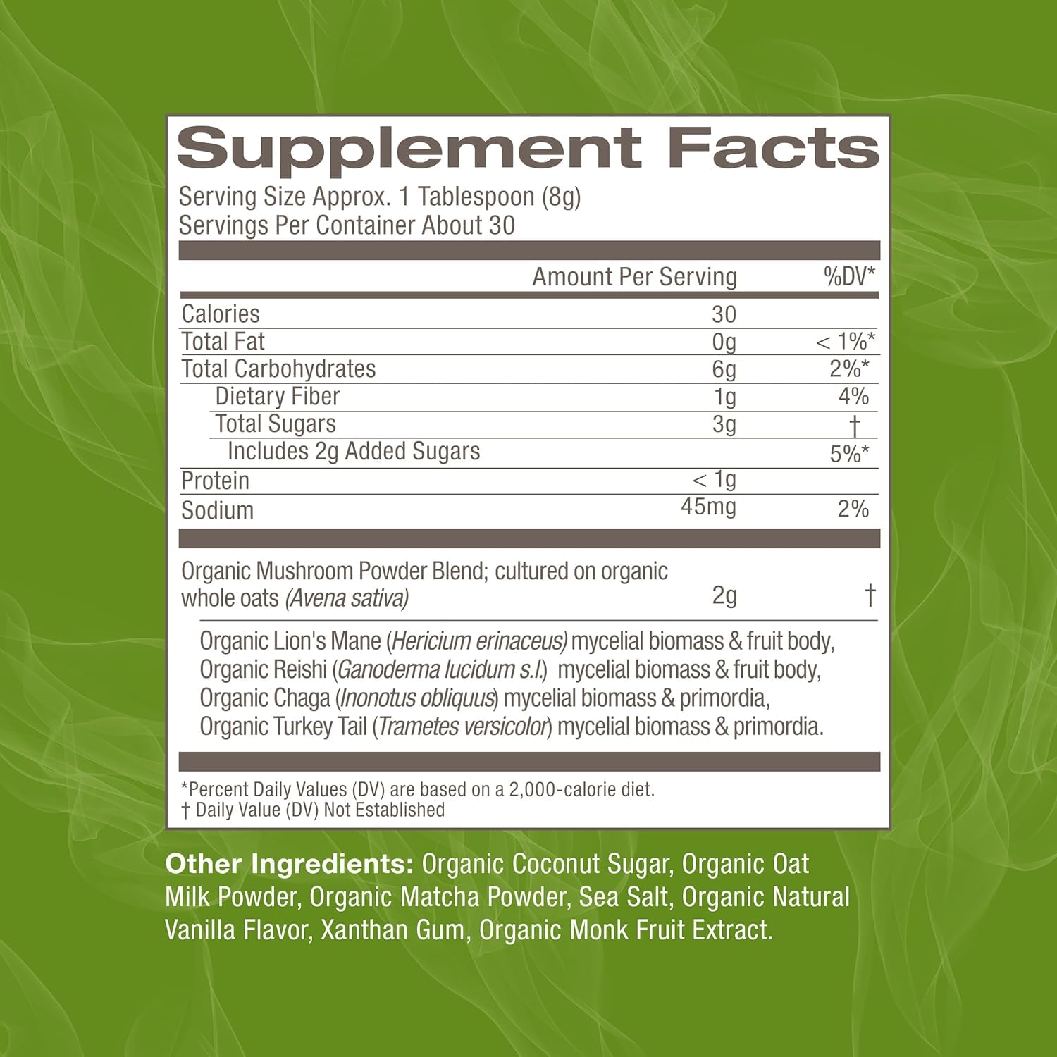 OM MUSHROOM SUPERFOOD Matcha Latte Blend – Green Tea Mushroom Powder with Lion’s Mane, Reishi, Chaga & Turkey Tail – Focus, Calm & Stress Support – 8.47 oz Canister (30 Servings)
