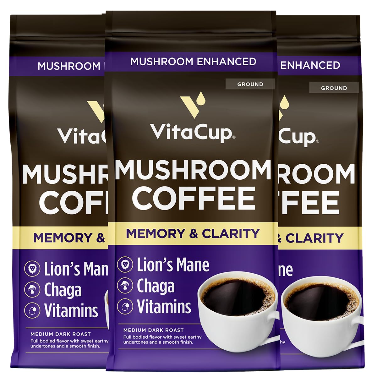 VitaCup Mushroom Medium Dark Roast Ground Coffee, 30oz, 2 Bags