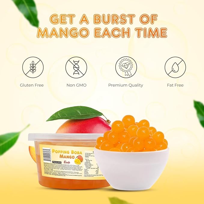 Fanale Popping Boba Pearls for Bubble Tea - 2 lb (1 lb X 2) | Mango | Bursting Boba Pearls Bubble 450g X 2 | Real Fruit Juice for Shakes, Dessert, Smoothie | FPB002-SP450 X 2