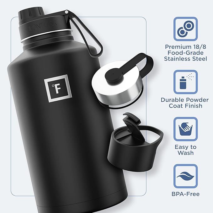 IRON °FLASK Camping & Hiking Hydration Flask with 3 Lids - Stainless Steel, Double Walled & Vacuum Insulated Water Bottle - Leak Proof & BPA Free (Day & Night, Spout - 64 oz)