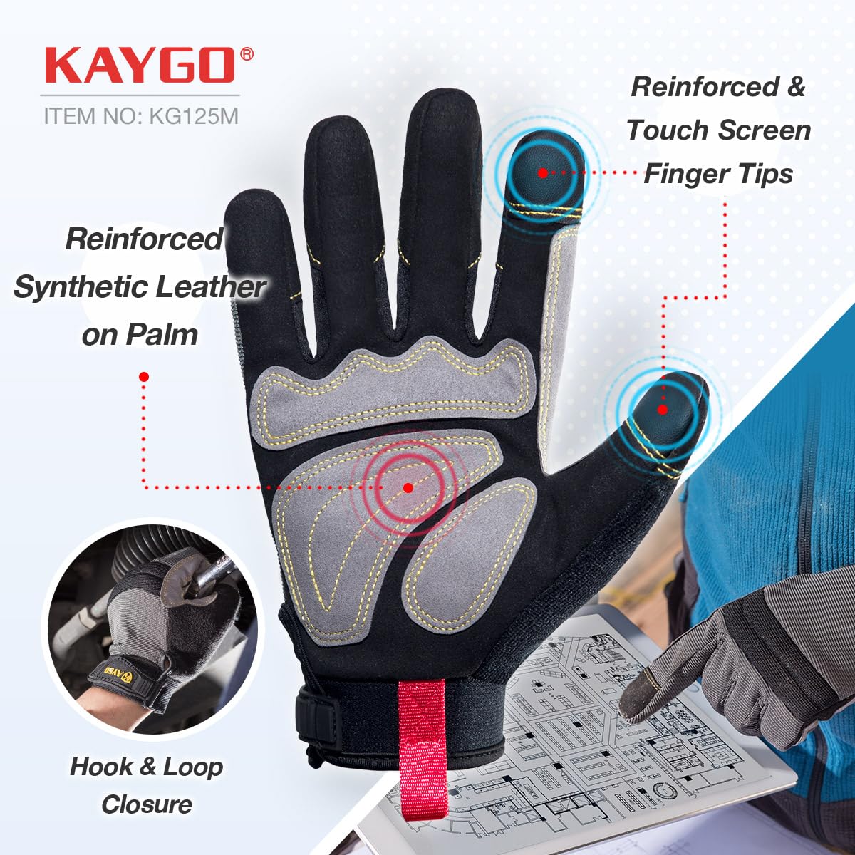 KAYGO Work Gloves Men, Mechanic Utility with Excellent Grip, KG125