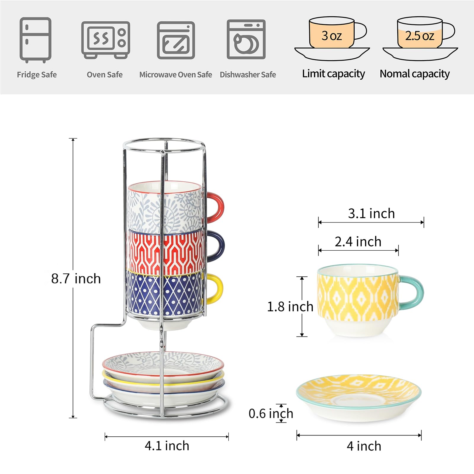 Selamica Ceramic Espresso Cups with Saucers and Metal Stand, 2.5 OZ Stackable Demitasse Cups for Espresso Latte Café Mocha, Set of 4, Assorted Colors