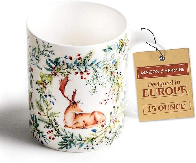 Maison d' Hermine Coffee Mug with Handles Fine Bone China Mugs Pack of One Tea Cups for Hot Beverages Cappuccino Latte Home Restaurant Office Perfect for Gift (Holly Time - Cerf, 15 Ounce)