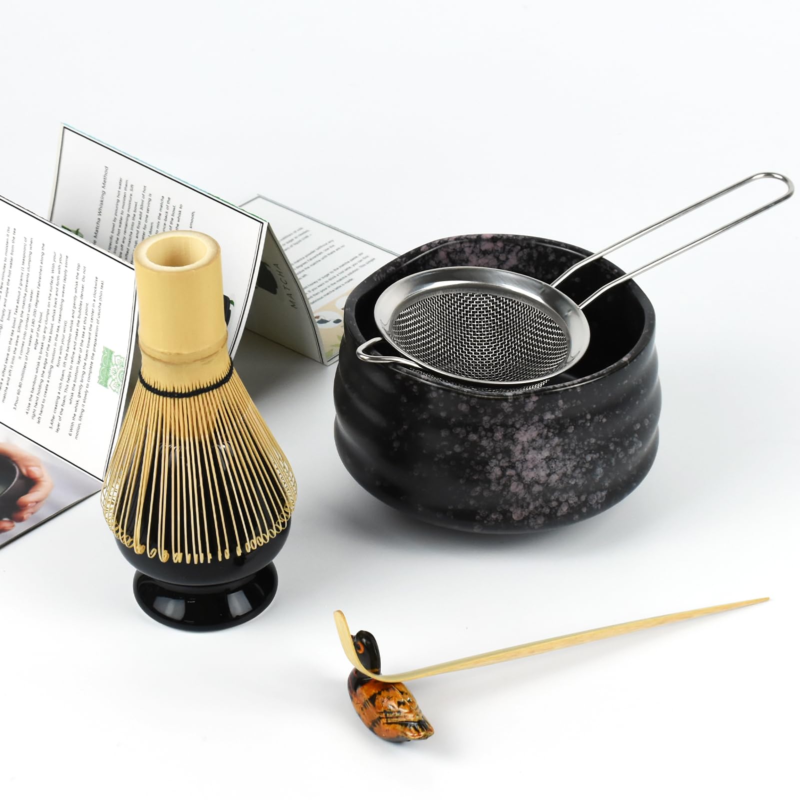 Artcome Matcha Ceremony Kit for Japanese Tea Ceremony, Traditional Matcha Bowl, Whisk, Tea Scoop, Matcha Powder Strainer, Matcha Tea Set For Making Usucha, Koicha and Matcha Latte (Black)