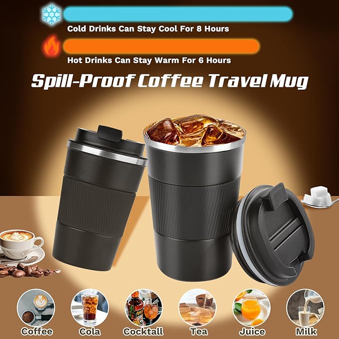 Vacuum-Insulated Stainless Steel Travel Coffee Mug, Leak-Proof Reusable Coffee Cup with Lid - Keep Hot & Cold Drinks for Hours, Durable Thermos Tumbler for Men & Women (3rd-Black, 12OZ)