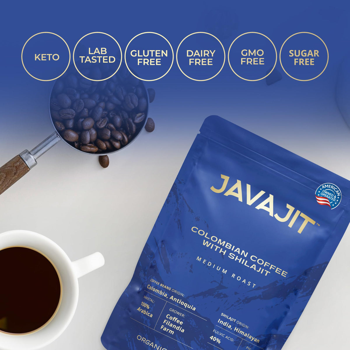 Colombian Coffee with Shilajit – Medium Roast Organic Ground Coffee, Energy & Immunity Boost, 250mg Himalayan Shilajit per Serving, 16 Servings
