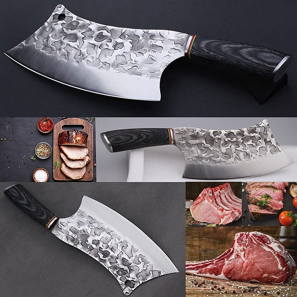 BLADESMITH Butcher Knife 8“, Forged Meat Cleaver Kitchen Knives, Curved High Carbon Steel Blade, PakaWood Handle, for Slicing and Cutting