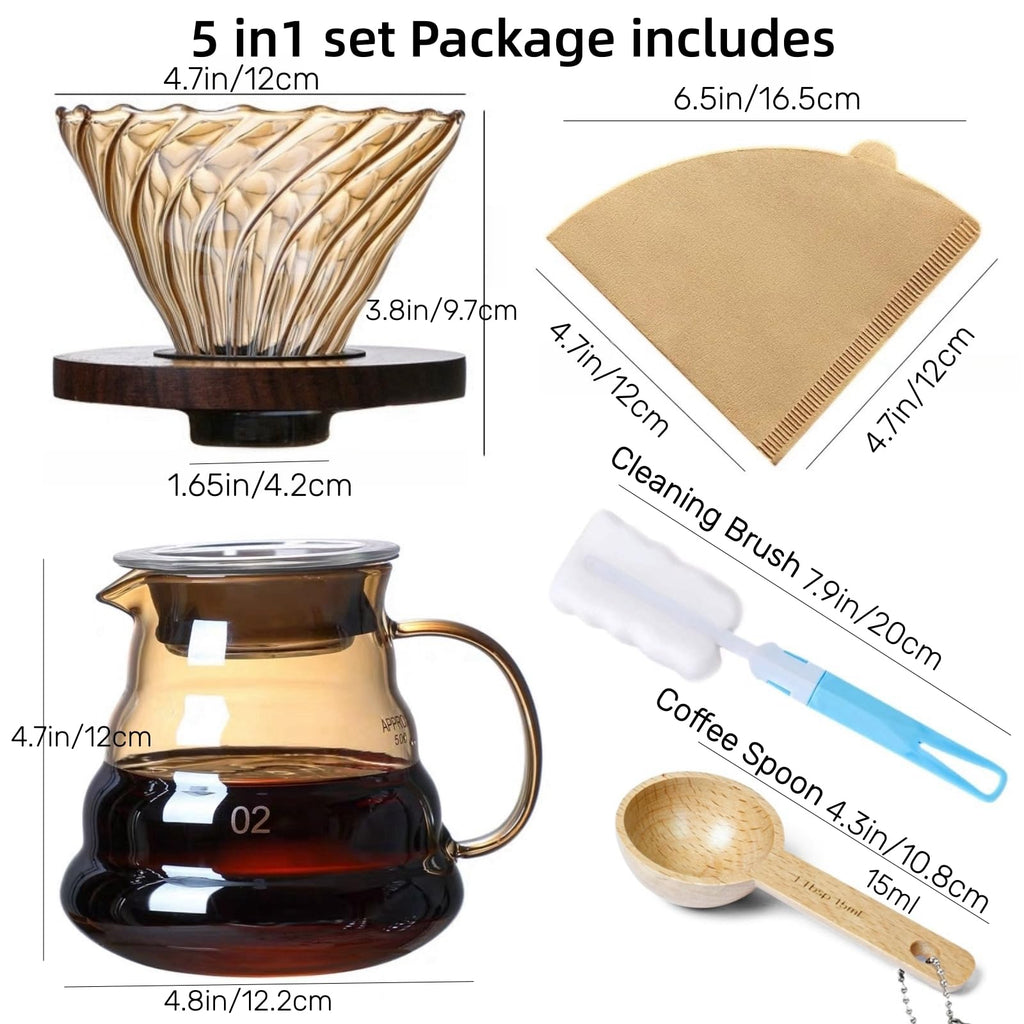 CHDEXU Pour Over Coffee Maker Set 20 oz, 600 ml Borosilicate Glass Coffee Server with Glass Lid, 50 pcs Paper Filter, Walnut Handle Pour Over Coffee Dripper for Home Café Restaurant, Gold