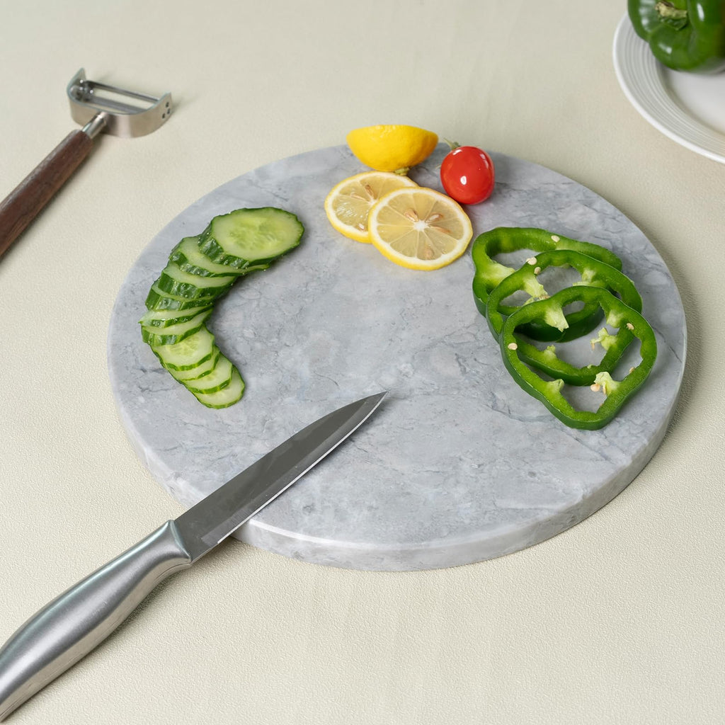 Koville Round Marble Pastry Cutting Board - 11" Gray Marble Cheese Board for Baking, Charcuterie, Pastry, Trivet - Non-Stick Heat Resistant Stone Cutting Boards for Kitchen