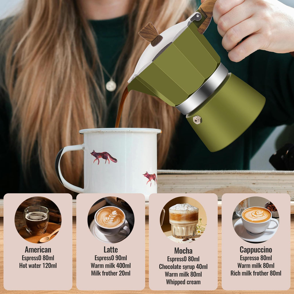 Vaolvpant 3 Cup Aluminum Moka Pot Classic Stovetop Espresso Coffee Maker 150ml 5oz Coffeemaker Percolator Mocha Pot Greca Coffee Maker Cafe Makers for Italian and Cuban Café Brewing Green