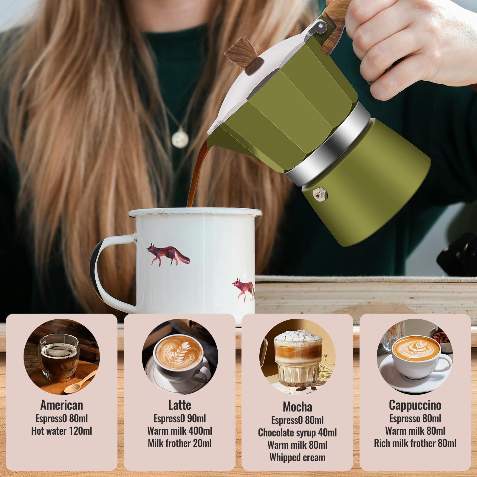 Vaolvpant 3 Cup Aluminum Moka Pot Classic Stovetop Espresso Coffee Maker 150ml 5oz Coffeemaker Percolator Mocha Pot Greca Coffee Maker Cafe Makers for Italian and Cuban Café Brewing Green