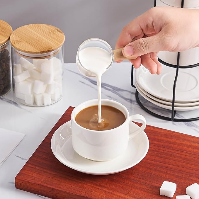 YOLIFE 8oz Porcelain Stackable Cappuccino Cups with Saucers and Metal Stand Set of 4, Coffee cups for Espresso, Specialty Coffee Drinks, Latte, Americano and Tea - White