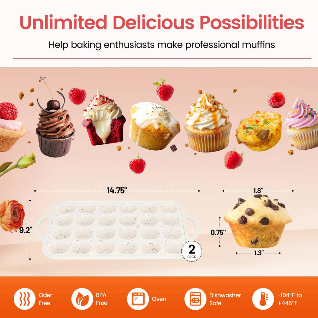 Fimary Silicone Muffin Pans With Metal Reinforced Frame - 24 Cups Durable Silicone Baking Pan for Muffins, Cupcakes, BPA Free and Dishwasher Safe - Beige with Rainbow Spots, Set of 2
