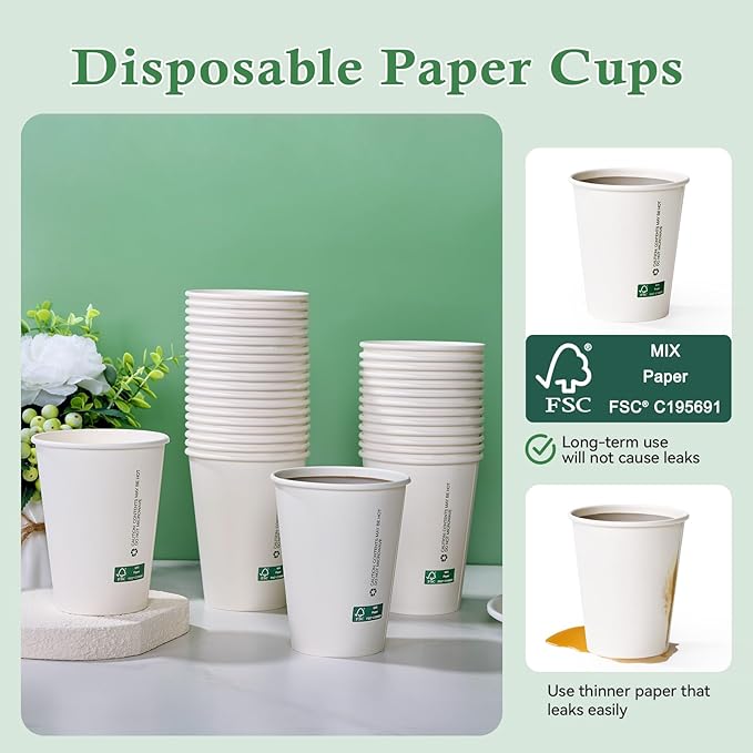 LITOPAK 200 Pack 12 oz Disposable Paper Coffee Cups, White FSC Hot Coffee Cups for Multiple Drinks for Office, Store, Home