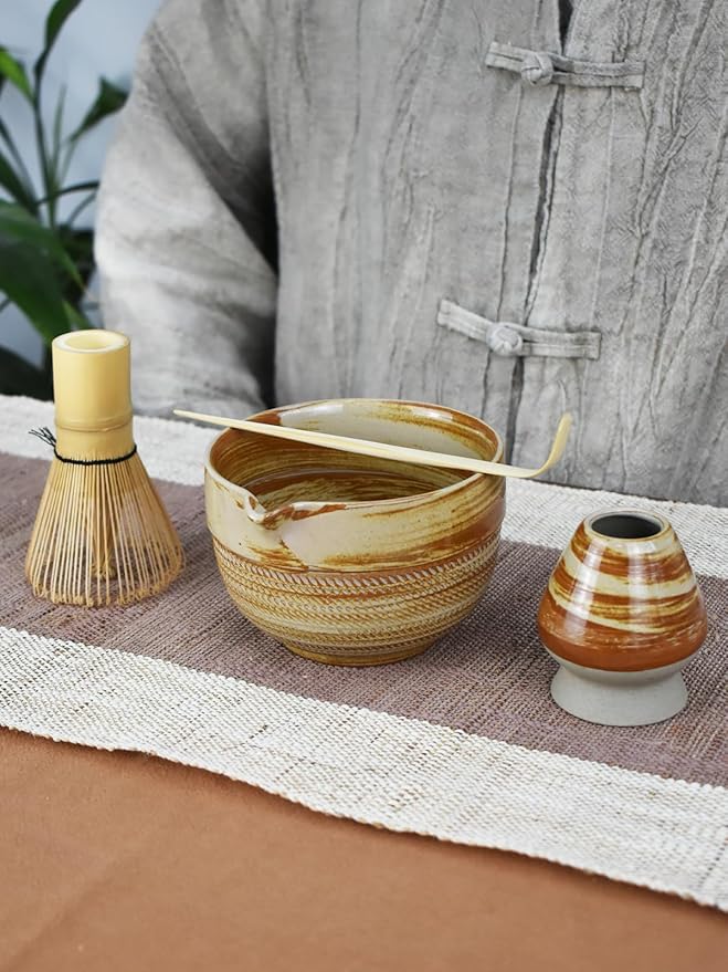 Matcha Tea Set – 4 Piece Traditional Japanese Matcha Kit with Beige & Brown Ceramic Spout Bowl, Whisk, Holder, Scoop & Guide – Authentic Tea Ceremony Set for Home Use