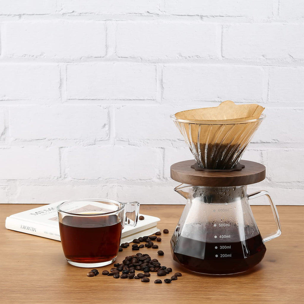 Lalord Pour Over Coffee Dripper with 100 pcs Size 02 Paper Filter, Walnut Handle and Borosilicate Glass, Glass Coffee Dripper, Hold for 1-4 Cups