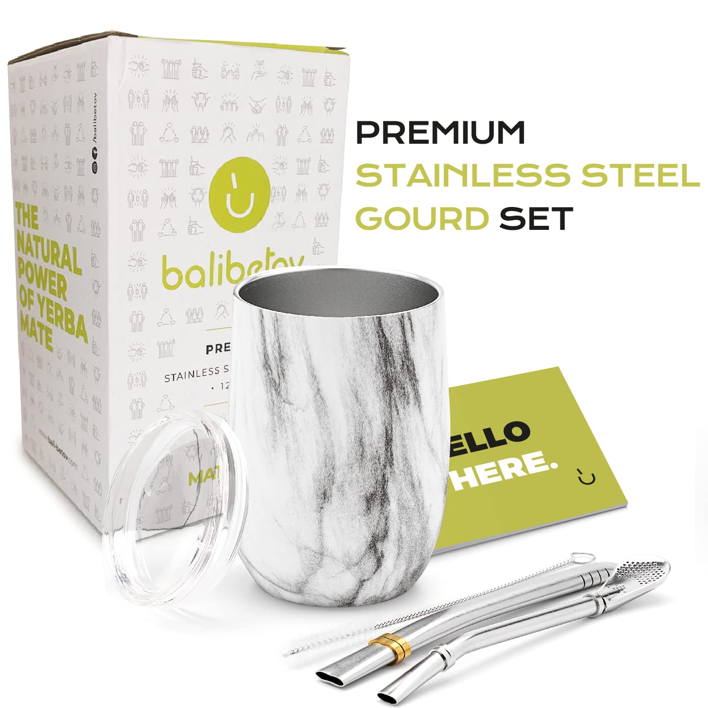 BALIBETOV 5-Piece Large Yerba Mate Cup and Bombilla Kit – Yerba Mate Gourd with Lid, 2 Bombilla Mate Straws, Cleaning Brush, Double-Wall Stainless Steel Mate Cup Set