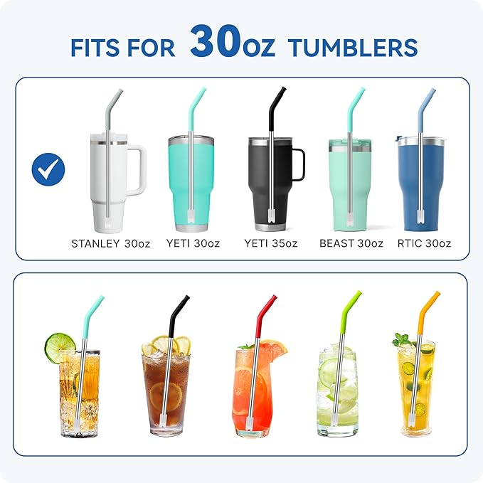 Reusable Metal Straws with Silicone Tip for Stanley 30oz,Stainless Steel Drinking Straws for 30oz Tumbler,3 Straight Tubes & 6 Tips& 1 Cleanr Brush(Chili)