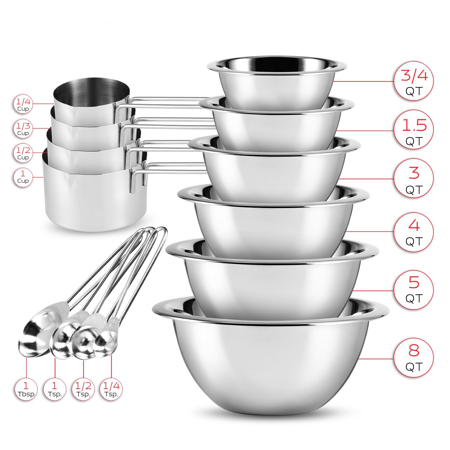 EATEX Stainless Steel Mixing Bowls with Measuring Cups & Spoons Set of 14 - Dishwasher Safe Nesting Mixing Bowl Set for Cooking, Baking & Meal Prep Non-Slip Premium Bowls