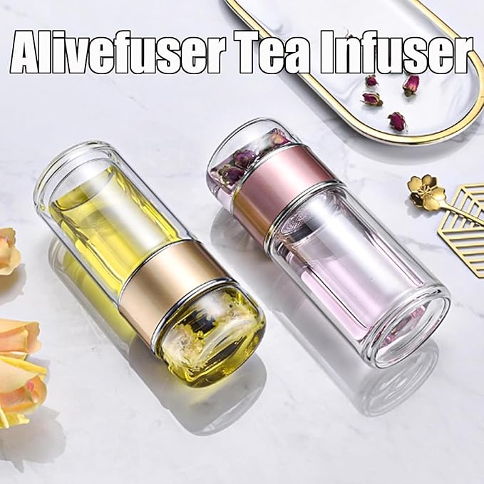 Tryteava Glass Infuser, Tryteava 3-in-1 Smart Tea Infuser, Portable Glass Double Wall Tea Infusers Bottle, with Stainless Steel Filter, Hot & Cold Brew, For Loose Leaf, Office Home (Black, 350ml)