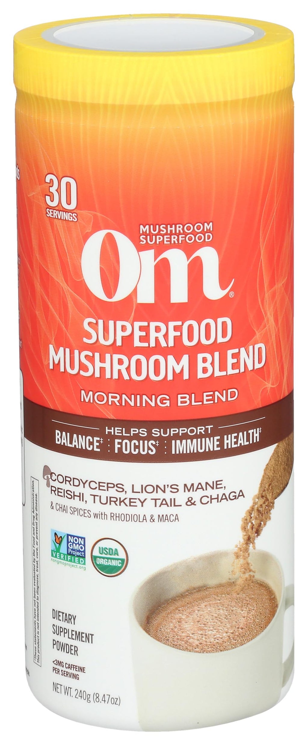 OM MUSHROOM SUPERFOOD Morning Energy Blend – Caffeine-Free Powder with Cordyceps, Lion’s Mane, Rhodiola & Vitamin D2 – Supports Energy, Focus & Endurance – 8.47 oz Canister (30 Servings)