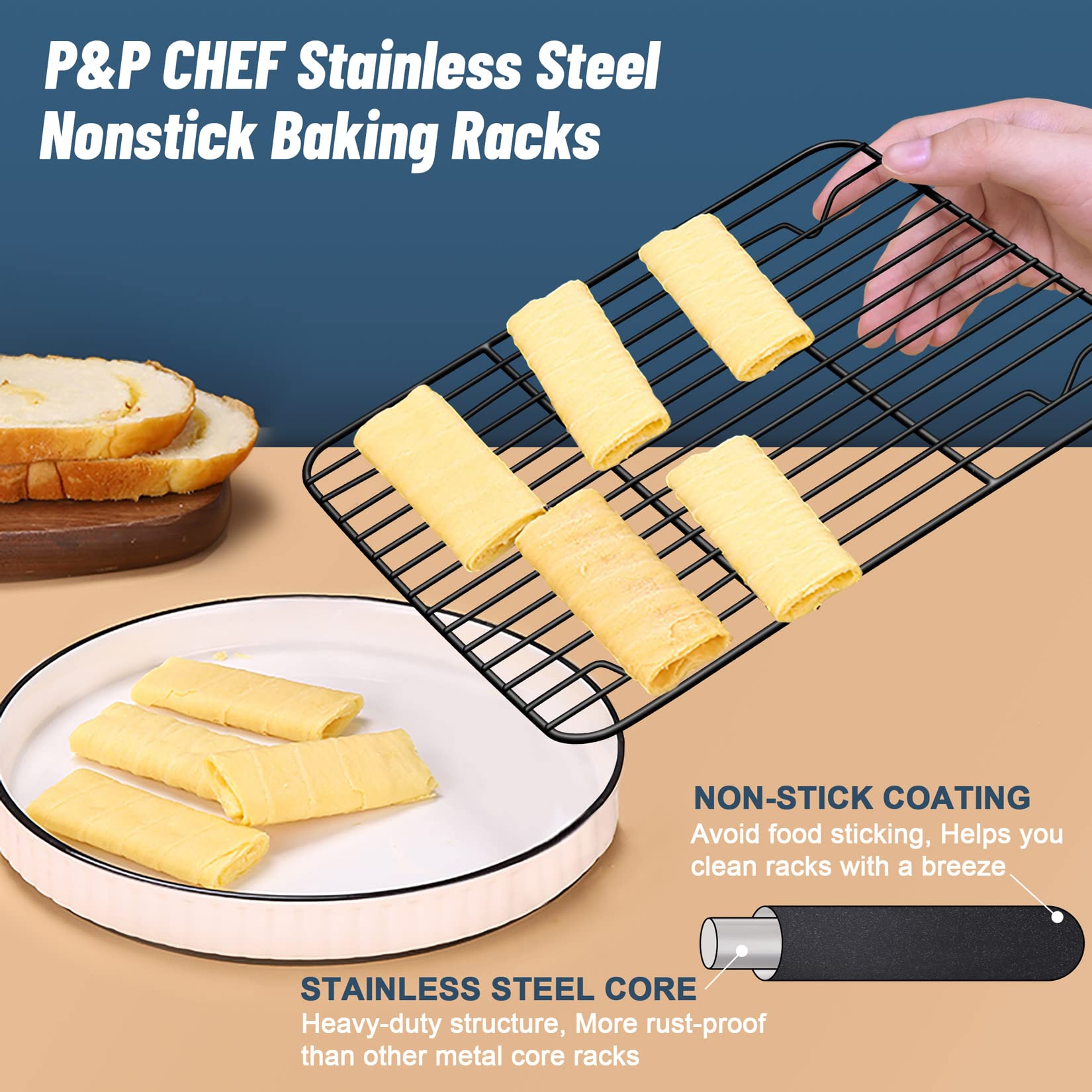 P&P CHEF 9.7" x 7.3" Cooling Baking Wire Racks Pack of 2, Black