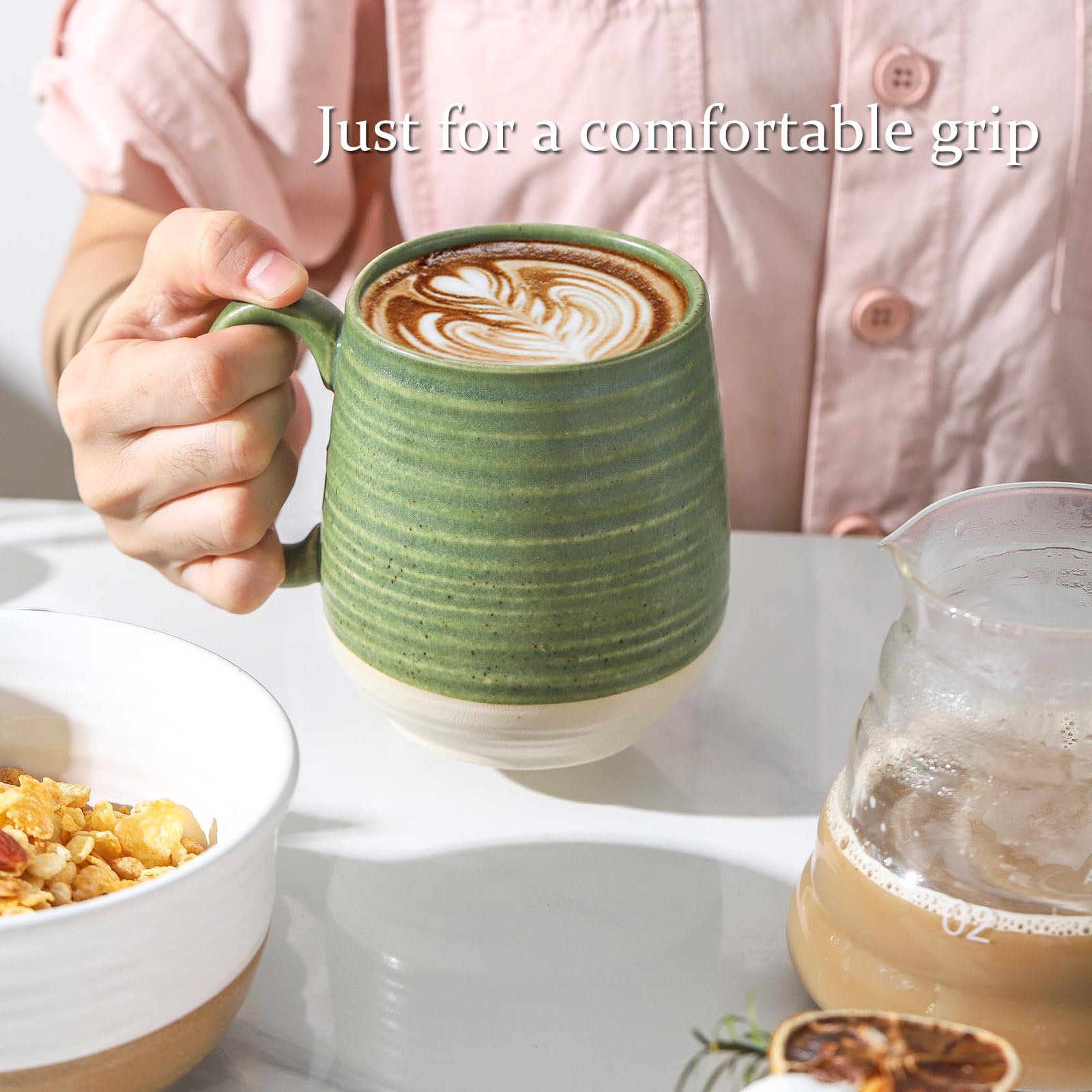 HASENSE 20 oz Coffee Mug, Large Green and Beige Stoneware Cup, Oversized Ceramic Tea Mug with Ergonomic Handle, Microwave and Dishwasher Safe, Perfect for Coffee, Tea, Soup, Hot Cocoa